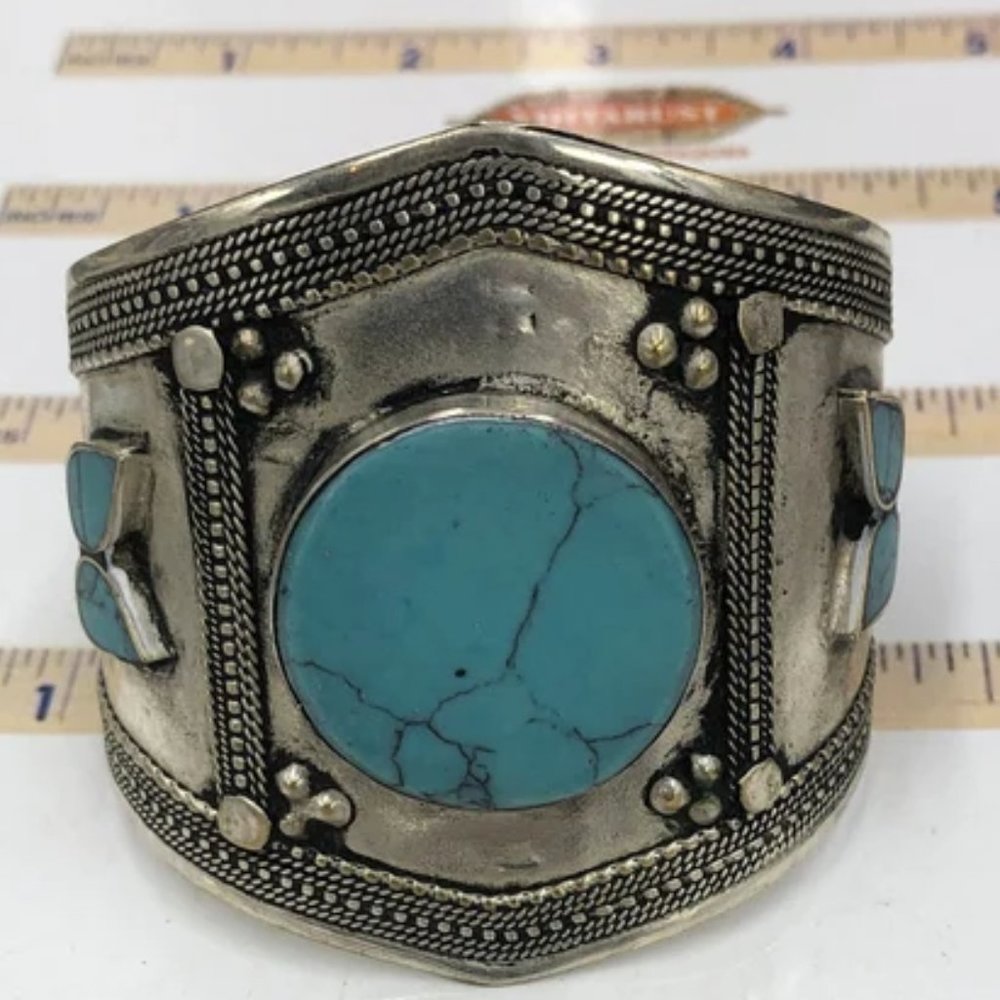 single Afghan Turquoise Stone Cuff Bracelet, Boho Cuff